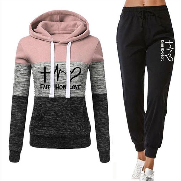 

winter tracksuit 2 piece womens pants set print hoodies sportwear sports suit hooded sweatshirt female clothes, White