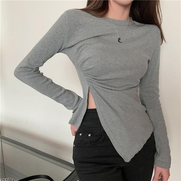

asymmetrical solid tight tee shirt femme clothing long sleeve all-match t women spring round neck street style tshirts women's t-shirt, White