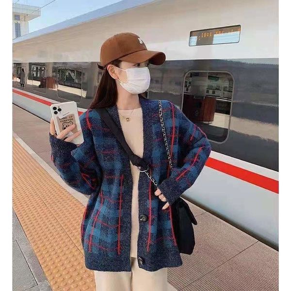 

autumn vintage plaid sweater for women v-neck single breasted simple, White;black