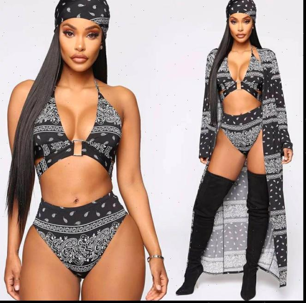 

women bandana print four pieces set swimsuit, Gray