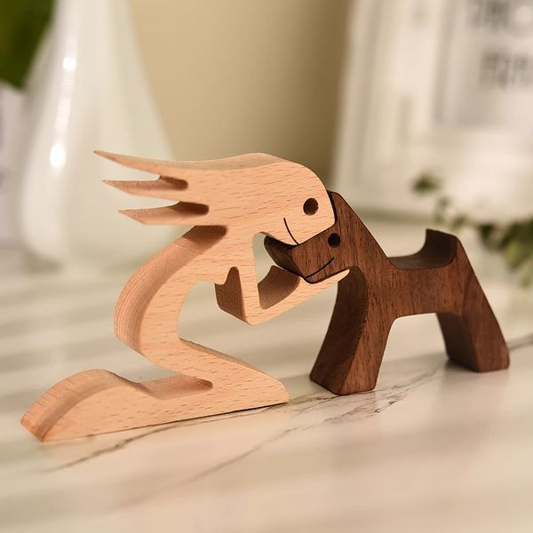 Startseite Figuren Familie Welpe Holz Hund Handwerk Figur Desktop Tisch Ornament Schnitzerei Modell Kreative Büro Dekoration Liebe Haustier Skulptur