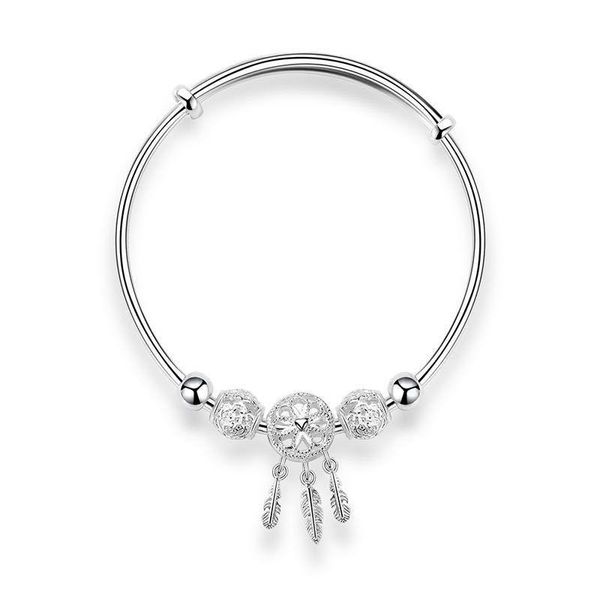 

bangle 925 sterling silver dreamcatcher tassel charm bracelet for women fashion jewelry feather round bead elegant adjustable, Black
