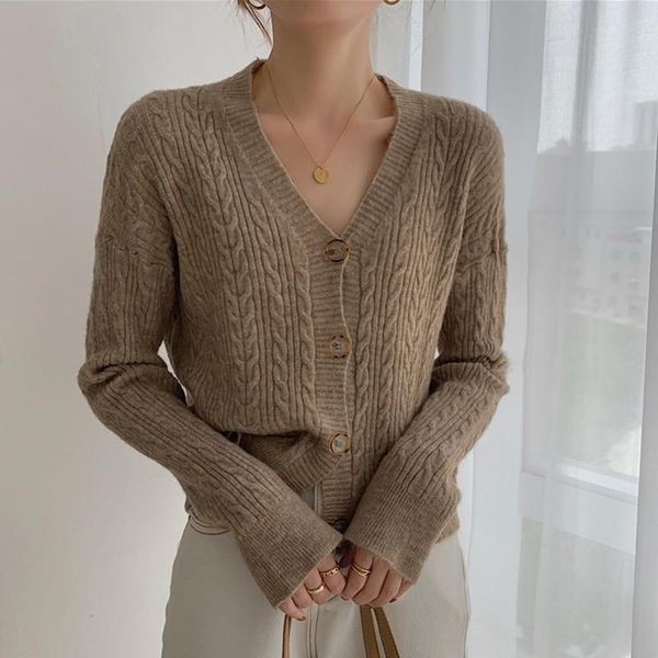 

women's knits & tees women long sleeve knitted cardigan jackets 2021 autumn simple style v-neck all-match ladies short casual sweaters, White
