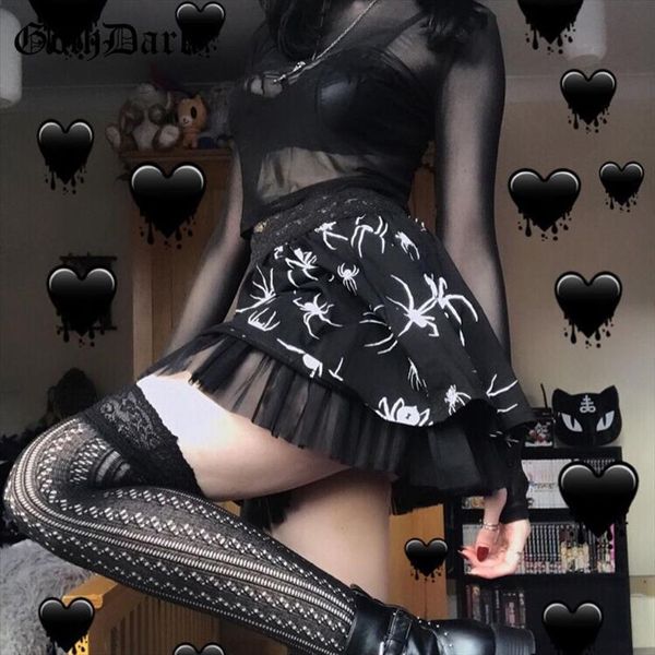 

mesh mall emo black womens skirts mini grunge punk aesthetic spider print alt clothes pleated ruffles party skirt