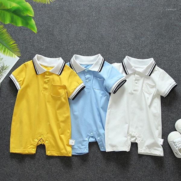 

clothing sets 3-18months baby meisjetoddler boys girls short sleeve turn-down collar pocket romper jumpsuits solid color outfits ropa bebes, White