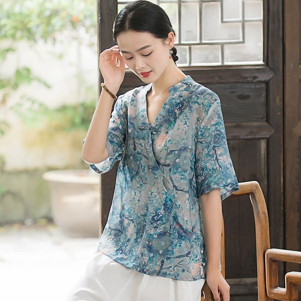 

women spring summer retro buckle shirt chinese national style linen blouse short sleeve floral print cheongsam shirts 10553, Red