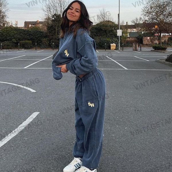 

women's pants & capris b-toto american retro gray and blue embroidered sweater suit female tide ins spring autumn thin two-piece 2021, Black;white