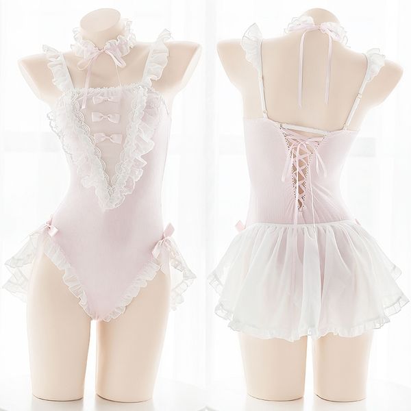 Jovem menina bodysuit bonito sonho noite jumpsuit lace malha bodysuits tutu ballet desgaste rosa doce lolita japonês jumpsuit 210401