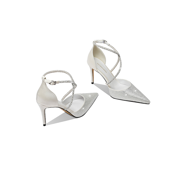 

sandals summer style rhinestone pointed toe stiletto cross belt leather bridal wedding shoes banquet dress wild bridesmaid, Black