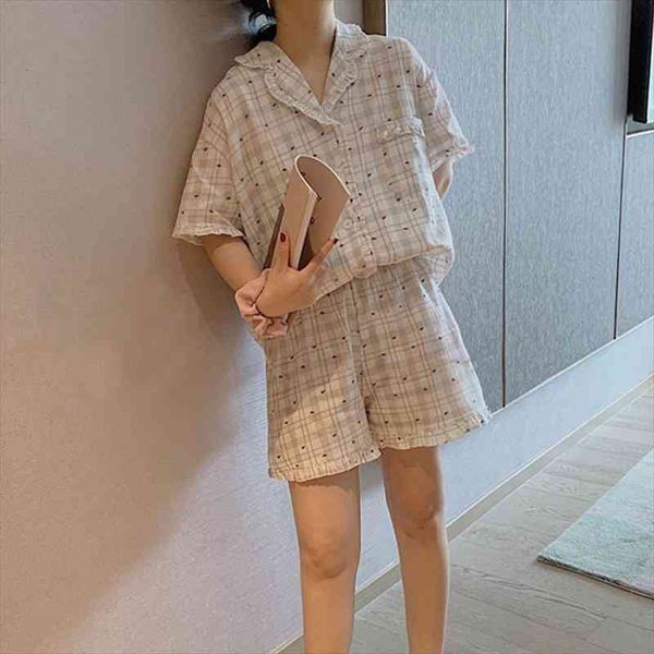 

ruffles plaid pjs sets summer women strawberry print pajamas set short sleeve cotton sleepwear casual home clothes pocket l105, Black;red