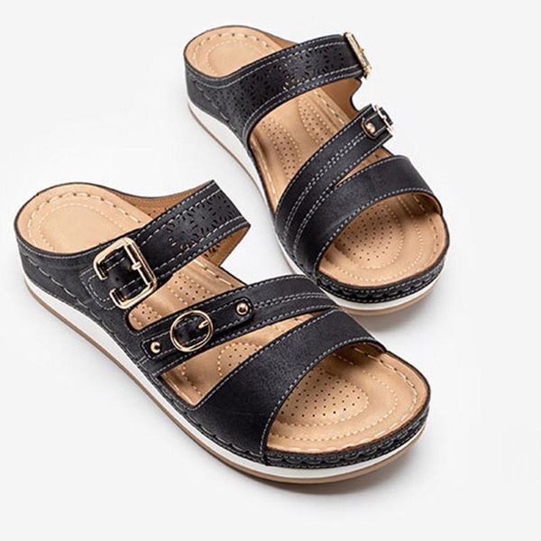 

selling fashion ladies slippers non-slip thickened flat platform sandals with metal buckle for women summer outdoor, Black