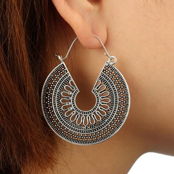 

hoop & huggie ethnic earrings vintage hollow floral bohemia dangle women jewelry fashion retro, Golden;silver