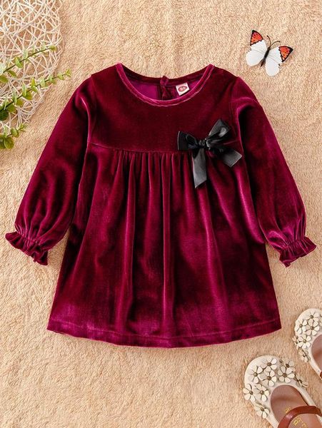 

baby flounce sleeve bow front velvet dress she, Red;yellow