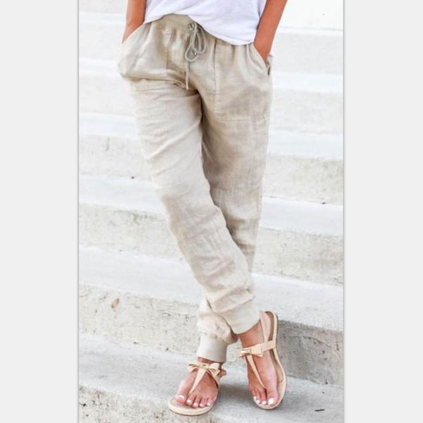 

solid cotton and hemp comfortable rib elastic waist women's pants, Black;white