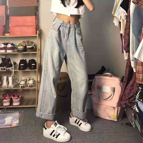 

women's jeans brim pants adjustable waist with women's buckles autumn retro-loose straight jeans street high 67zv, Blue