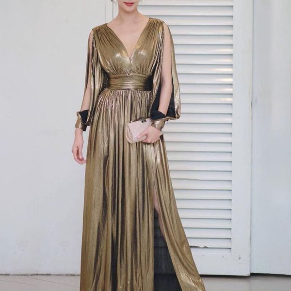 

casual dresses evening party dress women v neck lantern sleeve high waist tunic ruched side split female 2021 tide, Black;gray