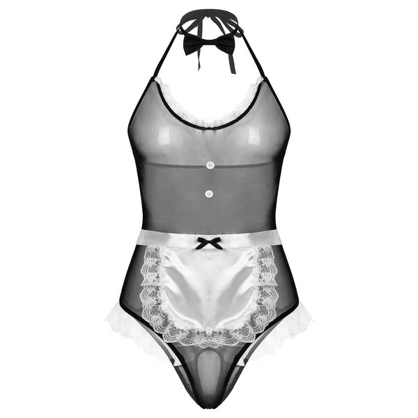 

mens lingerie maid costume lace nightwear erotic outfit see-through lingerie suit lace trim bodysuit with apron bow tie, Black;white