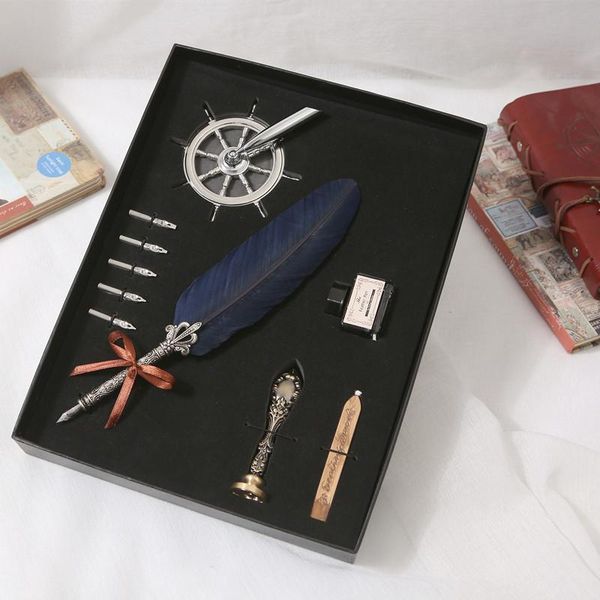 

vintage turkey feather pen writing quill dip metal fountain silver penholder 5 nib box set birthday gift pens