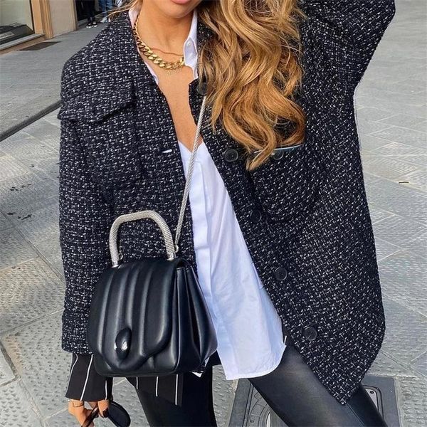 

women's jackets women 2021 fashion oversized frayed tweed jacket coat vintage long sleeve pockets female outerwear chic top, Black;brown