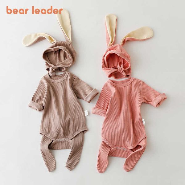 Медведь лидер малыша младенца милый ползунок кролика уши шляпа носки полные рукава младенческая боди рождается детская одежда одежда детский костюм 210708