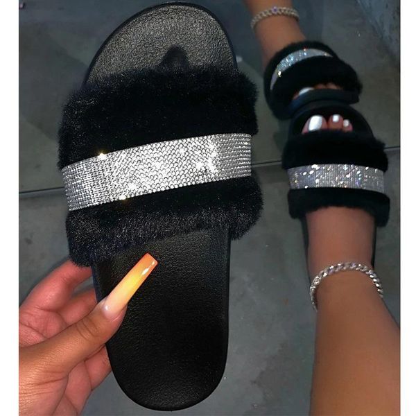 

women furry slippers faux fur sliders woman bling crystal strap shoes female casual home rainbow flat women's summer footwear, Black
