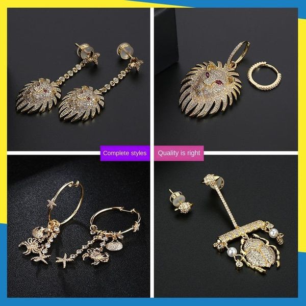 

gold color retro egyptian earrings personality lion asymmetric full diamond women's brand jewelry exquisite luxury stud, Golden;silver