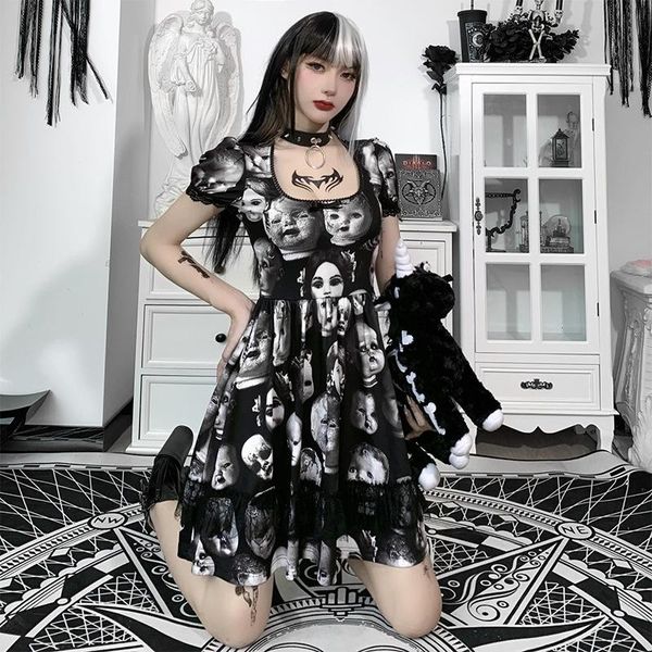

party dresses black gothic dress female print harajuku summer short sleeve punk grunge halloween, White;black