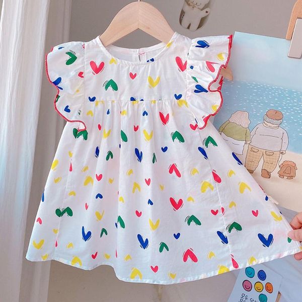

kids summer clothes 2021 korean fashion girl dresses cotton heart shape print flying sleeve princess birthday wear girl's, Red;yellow