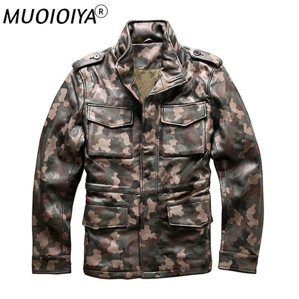 

men's leather & faux hunting camouflage genuine jacket men's sheepskin multi-pocket casual outdoor sports, Black