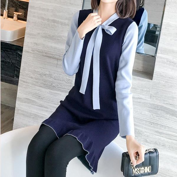 

casual dresses 2021 autumn women bow kawaii mini dress long sleeve sweet student korean kintted style women's clothes, Black;gray