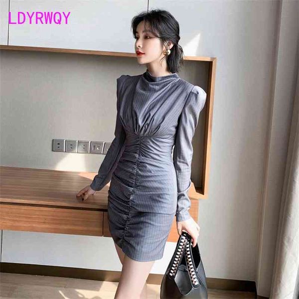 

autumn winter ladies and women's fashion striped high collar slim bag arm pleated dress zippers knee-length 210416, Black;gray