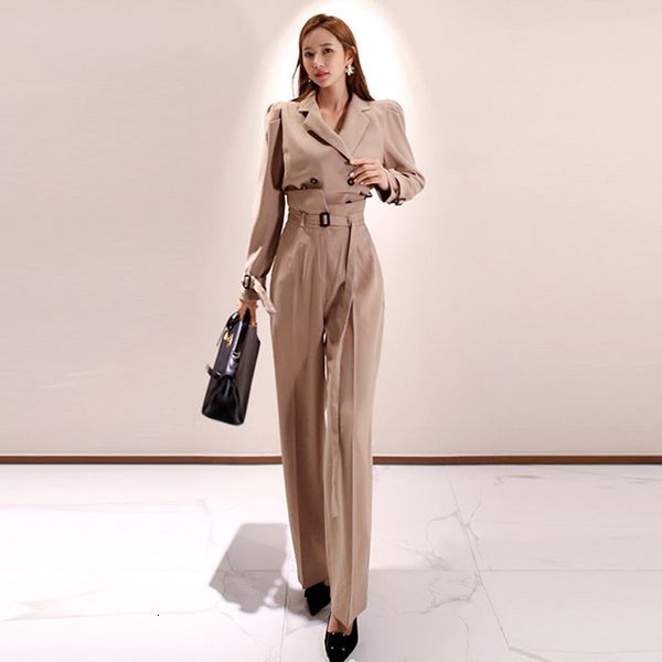 

tracksuits elegant business 2 pieces retro khaki spring women lapel double-breasted and long pants set ol work wear, Gray