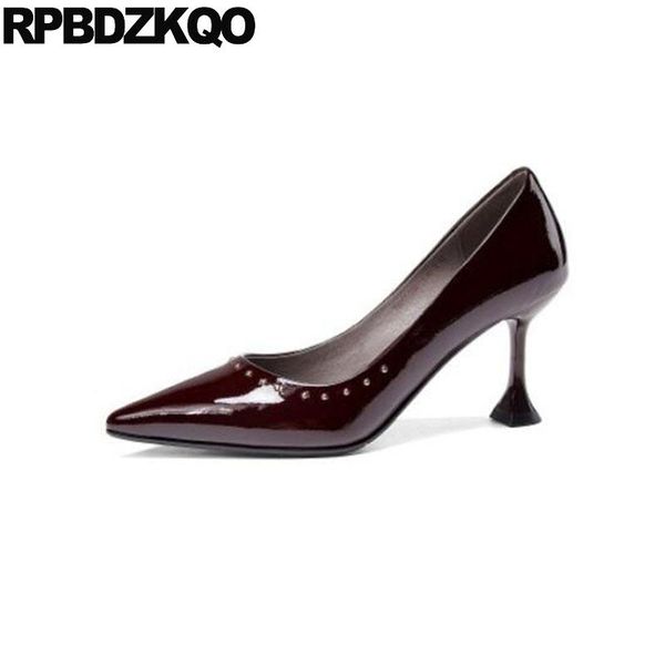 

dress shoes stud patent leather fashion designer stiletto metal rivet china pumps women heels pointed toe 3 inch wine red, Black