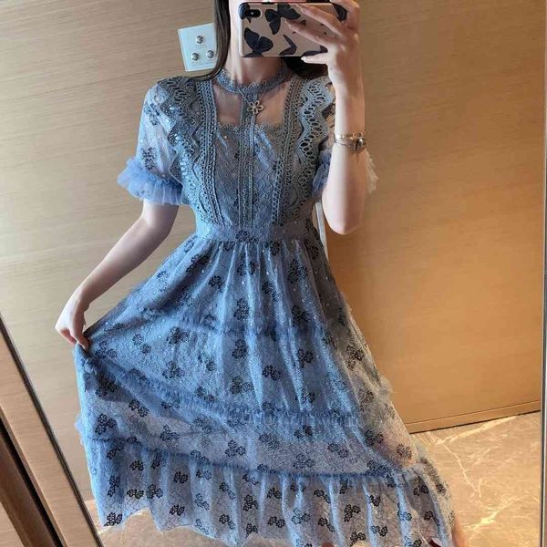 

casual dresses fashion elegant lace women dress style 2021 summer new midi embroidery chic sweet short sleeved vestido 8lev, Black;gray