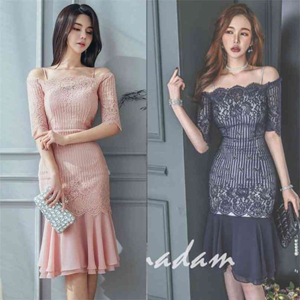 Off Should Midi Vestidos Senhoras Coréia Rosa Verão Sexy Short Lace Sleeve Festa do Escritório de Empresas para as mulheres 210602