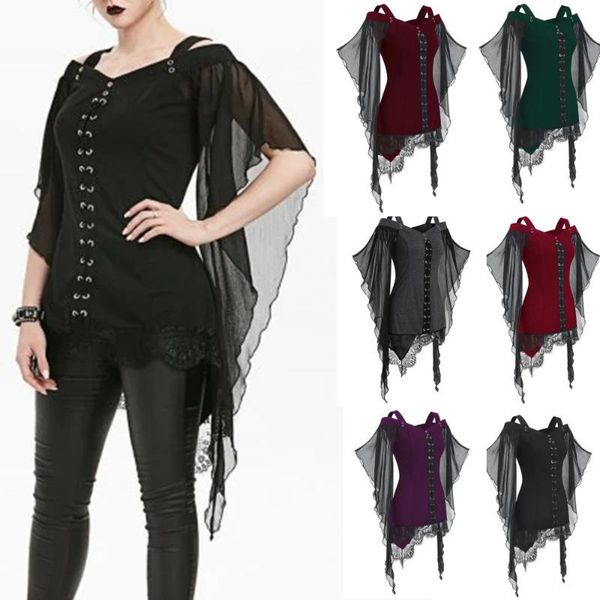 

women's blouses & shirts womens and gothic criss cross lace insert butterfly sleeve plus size blusa feminina punk style back blouse, White