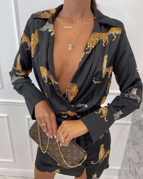 

casual dresses long sleeve women dress fashion elegant animal print lapel collar plunging neck office lady shirt autumn vestidos, Black;gray