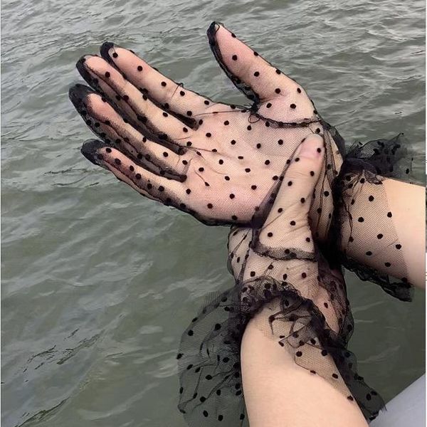 

sports gloves 1 pair lace autumn summer women short tulle stretchy lotus leaf sheers flexible mesh full finger, Black