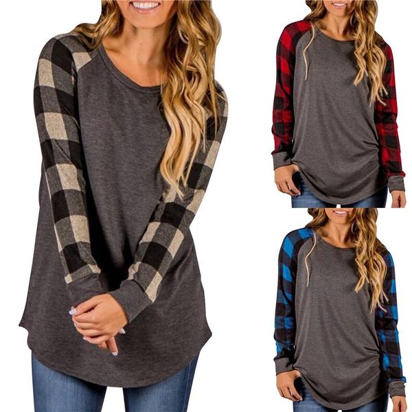 

women's t-shirt plaid print ladies pullover stitching long sleeve bottoming shirt top, White