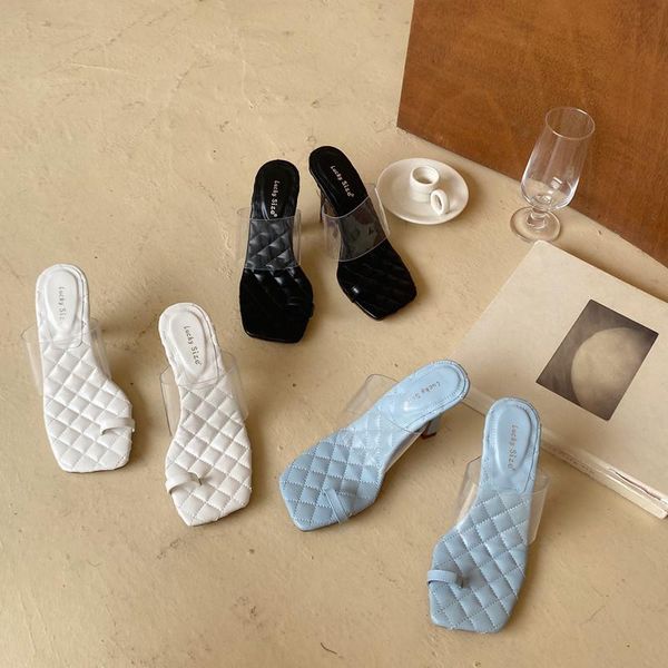 

set of toe square head with french sandals transparent high-heeled slippers, Black