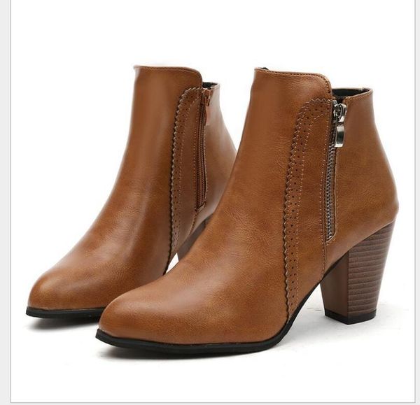

classic vintage black ankle boots for women shoes woman pu leather retro block high heels zipper large size