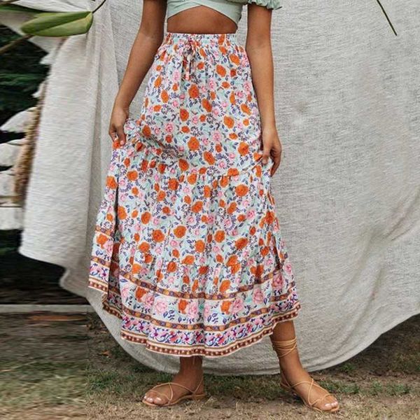 

skirts summer floral print midi womens fashion high waist a-line casual boho beach bandage elegant long skirt a9l1, Black