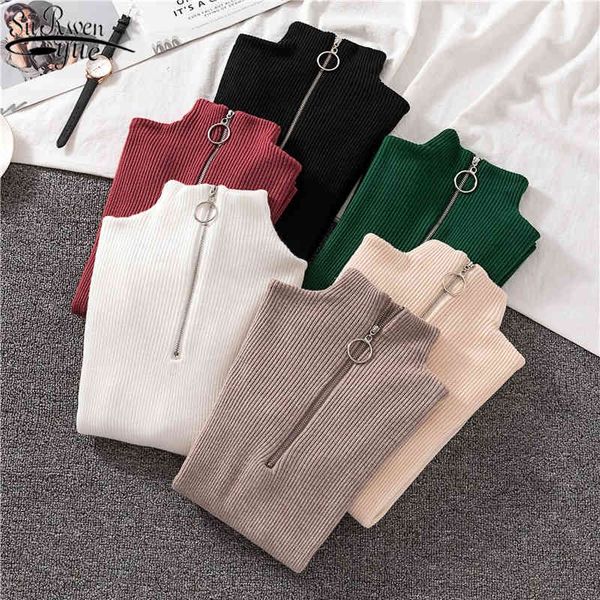 

fashion solid colors long sleeve zipper slim women's knitwear autumn and winter half turtleneck pullover feminine 11260 210427, White;black
