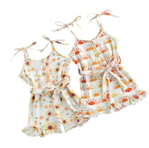 

kids casual dresses baby girls camisole jumpsuit with adjustable shoulder strap flower print bow belt summer clothing girl's, Red;yellow