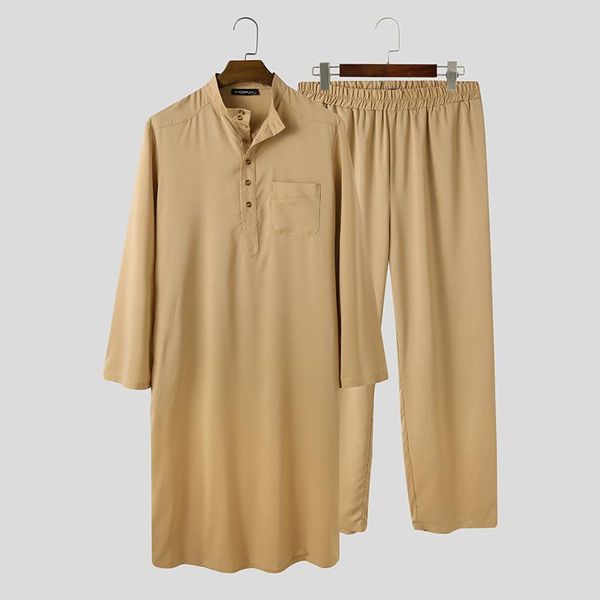 

ethnic clothing muslim men sets solid long sleeve stand collar pants islamic arabic kaftan dubai jubba thobe suis 2 pieces, Red