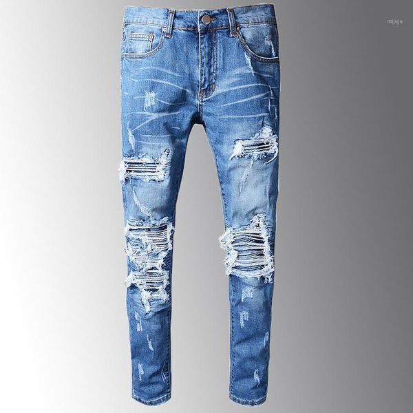 Männer Jeans Mann Blau Plissee Patchwork Loch Ripped Biker Für Motorrad Casual Slim Skinny Distressed Stretch Denim Hosen