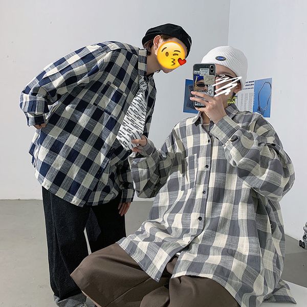 

shirts cotton plaid men's fashion hit color retro casual shirt men streetwear spring korean loose long-sleeved shirts mens -2xl, White;black