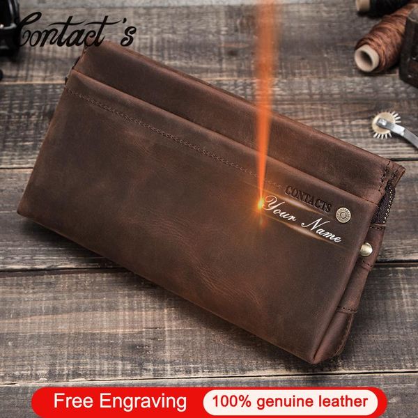 

wallets contact's men clutch bags large capacity crazy horse leather men's wallet cell phone pocket multifunction card holder long, Red;black