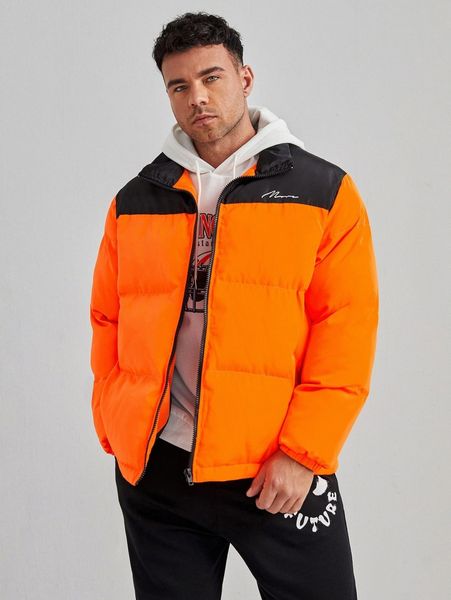 

extended sizes men neon orange letter graphic colorblock puffer coat 4881#, Black;brown