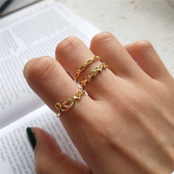 

cluster rings a00456 genuine 925 sterling silver gold letter love leaf chain finger open ring for fashion women korean jewelry, Golden;silver